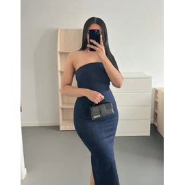 XPONNI Denim Maxi Dress Y2k Denim Tube Dress Strapless Denim Bodycon Dress Jean Dresses Denim Dresses for Women 2023 (L,Large)