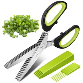Cxqbsmy Herb Scissors, Multipurpose 5 Blade Kitchen Herb Shears Herb Cutter with Safety Cover and Cleaning Comb for Chopping Chive, Vegetables, Salad, Collard Greens, Must-Have Kitchen Gadgets, Green
