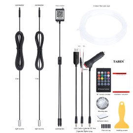 TABEN Car Atmosphere Light Kit Music Sync Multicolor RGB 16 Million Colors 3 Meters Fiber Optic USB Ambient Lighting Kits Sound Active, Wireless RF Remote Control and Bluetooth APP Control DC 12V