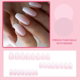 24PCS Press on Nails Medium Coffin, French False Nails Pink White Gradient Acrylic Fake Nails, Natural Ballerina Removable Full Cover Glue on Nails for Women Daily Wear 12 Sizes