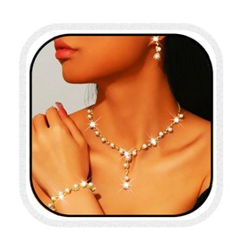 GORAIS Pearl Wedding Jewelry Set Silver Necklace Earrings Sets Costume Jewelry for Women and Bride, Metal, Crystal