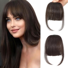 Clip In Fringe 100% Real Human Hair Bangs Hair Clip Thin Bangs On Hairpiece On Air Bangs With Temple Wispy Bangs Hair Extensions for women (Dark Brown, Clip in Neat Bangs)