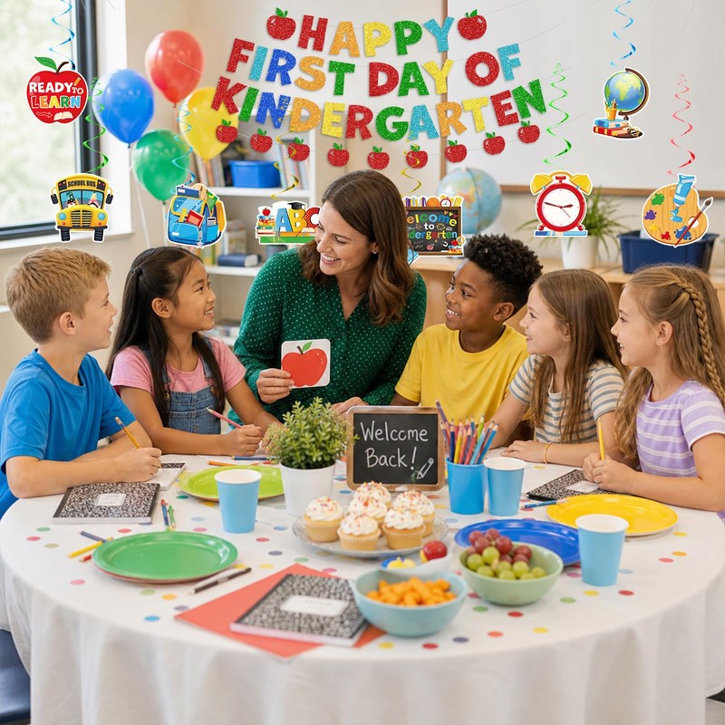 First Day of Kindergarten Decorations Banner with Hanging Swirls