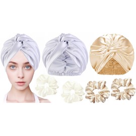 YBVABE Satin Bonnet and Scrunchies Set - Multipurpose Hair Cap and Shower Cap - 6Pack Silk Satin Accessories for Hair Protection and Style Preservation - Haircare Accessories for Women (Silver & Champagne gold)