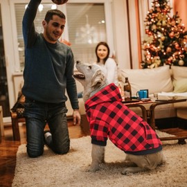 Red Buffalo Plaid Dog Sweater - Warm & Soft Breathable Cozy Hoodie for Large Dogs - Extra Large with Pocket (XL)