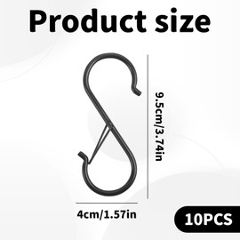 S Hooks, 10pcs S Hook, S Hangers, 9.5cm Heavy Duty S Hooks with Safety Buckle for Kitchen, Bathroom, Courtyard, Hanging Plants Clothes, Kitchen Utensil, Bathing Utensils, Pots and Pans, Bags (Black)