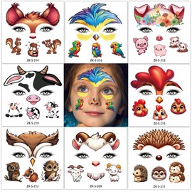 Qpout 8 Sheets Temporäre Tattoos für Kinder, süße Tiergesichtsfarbe Make-up Tattoo Aufkleber für Mädchen Jungen Geburtstagsdekorationen Tiere Party Taschen Füllstoffe Gunst Vorräte