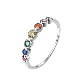 925 Sterling Silver Rainbow Eternity Band Ring, Rhodium Plated with Colorful Round AAA Cubic Zirconia Birthstone Anniversary Ring for Women (Round-silver, R 1/2)