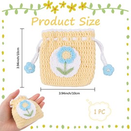 GORGECRAFT Handmade Knitted Coin Bags Yellow Crochet Purse Knitted Cartoon Blue Flowers White Faux Pearls Storage with Drawstring Small Pocket Purse for Change Headphones Jewellery