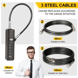 DELSWIN Cable Locks with Combination, 4-Digit Combination Lock with 3 Different Length Replaceable Steel Rope, Security Cable Lock for Luggage, Helmet, Gym Locker, Cabinet, Fence Gate (Gun-Grey)