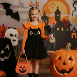 Moerstar Halloween Cosplay, Children, Girls, Dress, Costume, 4-Piece Set, Headband, Pumpkin, Bag, Cane, Cute Costume, Pumpkin Costume (2XL)