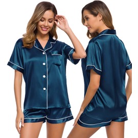 SWOMOG Conjunto de pijama de satén de seda para mujer, conjunto de pijama de dos piezas, ropa de dormir con botones, Azul Oxford, XL