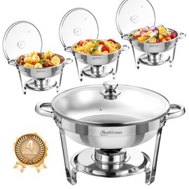 NEWKITCHEN Chafing Dishes for Buffet 4 Pack, 5 QT Round Chafing Dishes for Buffet [Transparent Glass Cover] Stainless Steel Chafing Dish Buffet Set for Any Party