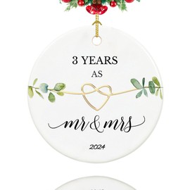 3 Year Anniversary Ornament, Gifts for 3rd Anniversary, 3rd Wedding Anniversary Couple Gifts for Couple,Her,Him, 2.9" Ceramic 3 Year as Mr and Mrs Christmas Ornament 2024
