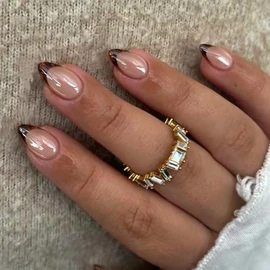 SXVME Uñas postizas cortas de almendra con punta francesa y efecto carey cromado, uñas postizas marrones glaseadas con estampado de leopardo ámbar, uñ