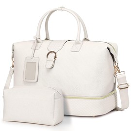 Large Leather Weekender Bags for Women, Travel Duffel Bag PU Overnight Bag Carry On Tote Bag with Shoe Compartment Wet Pocket and Toiletry Bag for Travel Business Women Men