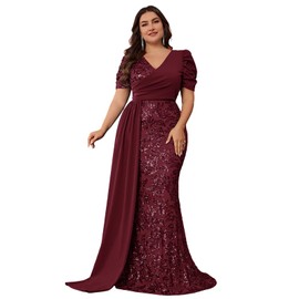 BluePlum Elegant Women’s Formal Dress Wedding Guest Puff Sleeve Mermaid Ball Gowns Court Train Plus Size Sequin Dresses Long, Burgundy, 2XL
