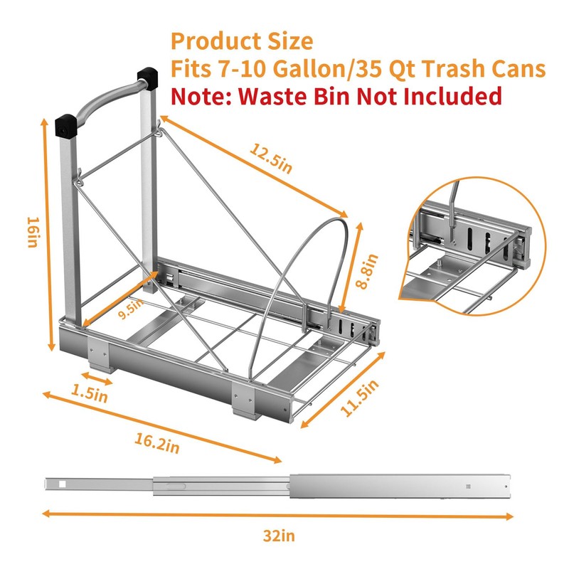 Chenthrall Adjustable Under Cabinet Trash Can Organizer with Soft Close