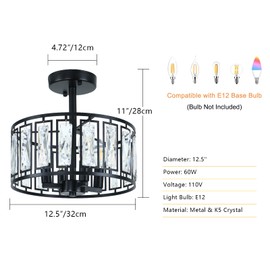 KMaiPem 4-Light Modern Crystal Semi Flush Mount Ceiling Light, Farmhouse Black Round Ceiling Light Fixture, Drum Close to Ceiling Light Fixture for Kitchen Island Entryway Hallway Foyer