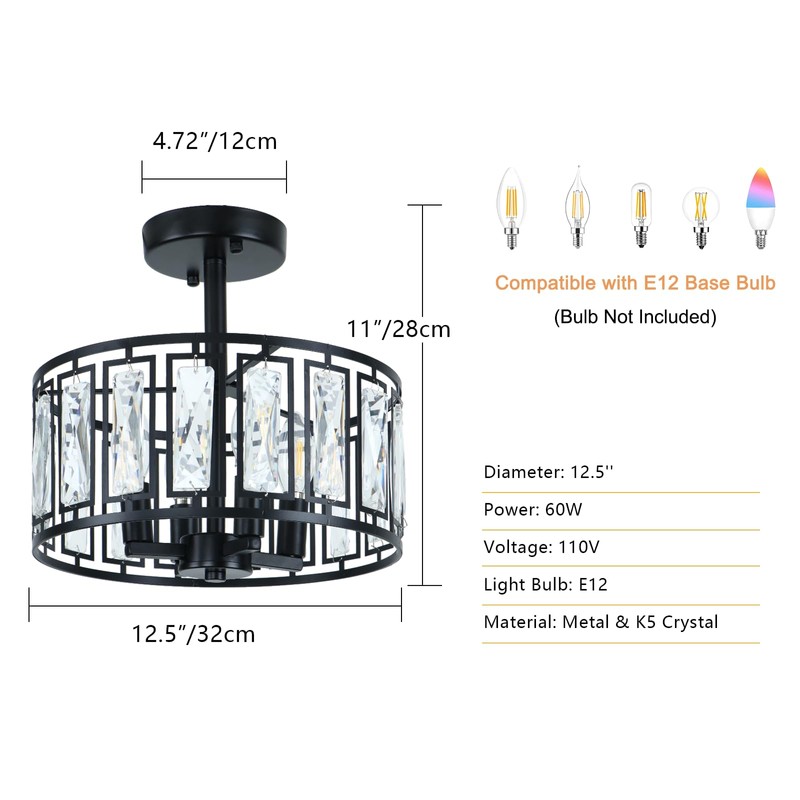 KMaiPem 4-Light Modern Crystal Semi Flush Mount Ceiling Light, Farmhouse