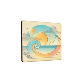 Wooden Fridge Magnet with Retro Wave Design, Beach and Sun Theme, Ocean Breeze, Modern Art Style (mag-kf25-1304)