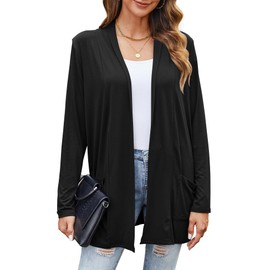 Bluetime Women Casual Lightweight Open Front Cardigans Long Sleeve Cardigans Dusters with Pockets (XXXL, Black)