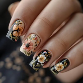 Square Press on Nails Short Fake Nails Full Cover Glossy Acrylic Nails with Designs Natural Nude False Nails Spring Flower Stick on Nails Reusable White Black Glue on Nails for Women DIY Manicure