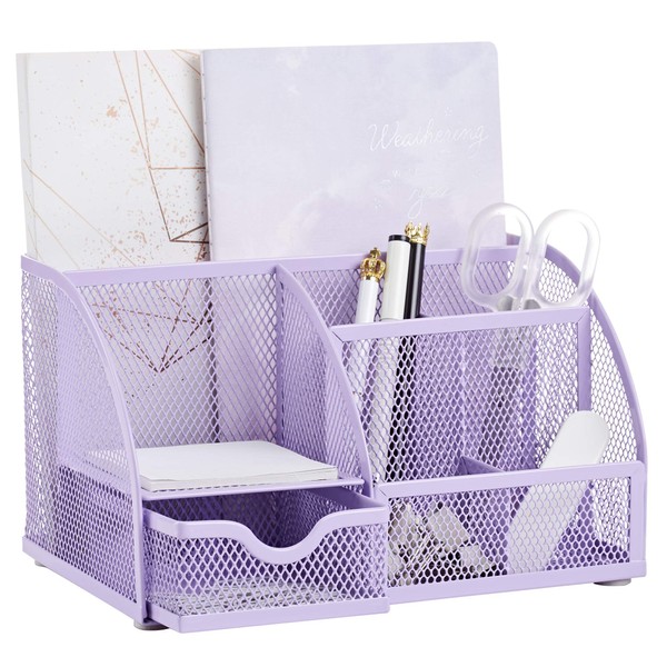 Annova Mesh Desk Organizer Office with 7 Compartments + Drawer/Desk Tidy Candy/Pen Holder/Multifunctional Organizer - Light Purple/Lavender