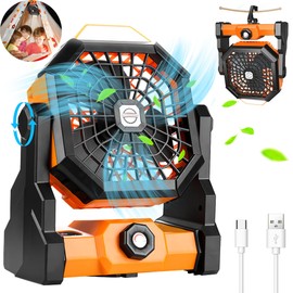 Ventilador de Acampar, Abanico Camping Portatil con Linterna LED y Gancho, 7800 mAh Recargable USB, Ventilador Velocidad Infinitamente Variable, Pivote de 270°, Silencioso,para Camping Pesca Exterior