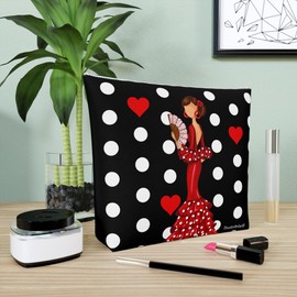 IllustrArte Toiletry Bag 25 x 26 cm - Waterproof - Double Sided Print - Flamenco Design - Durable and Versatile - Ideal for Travel or Everyday Use, Flamenca Pepa - Black Background with Dots, Flamingo