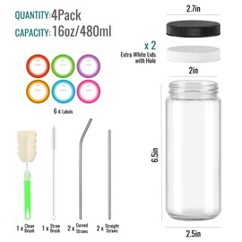 STARSIDE 16 oz Round Juice Bottles,4 PACK Glass Bottles with Lids,Glass Bottle with Wide Mouth for juice,Coffee,Tea,Milk