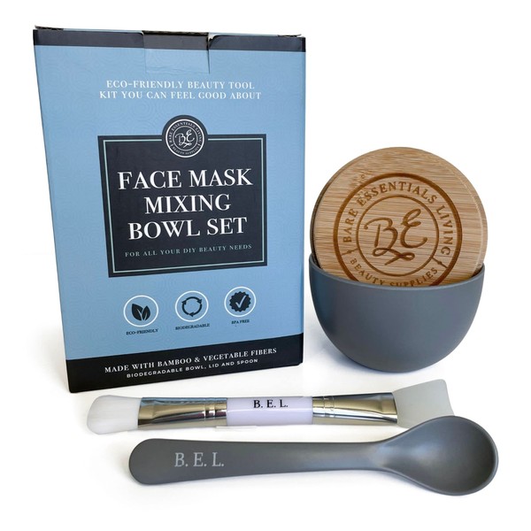 Clay Face Mask Mixing Bowl Set- Kit with Bamboo Lid, Spoon, Dual Sided Face Mask Brush Applicator Soft Silicone Spatula and Face Mask Brush for DIY Clay Mud Mask, Facials, Body and Hair (Grey)