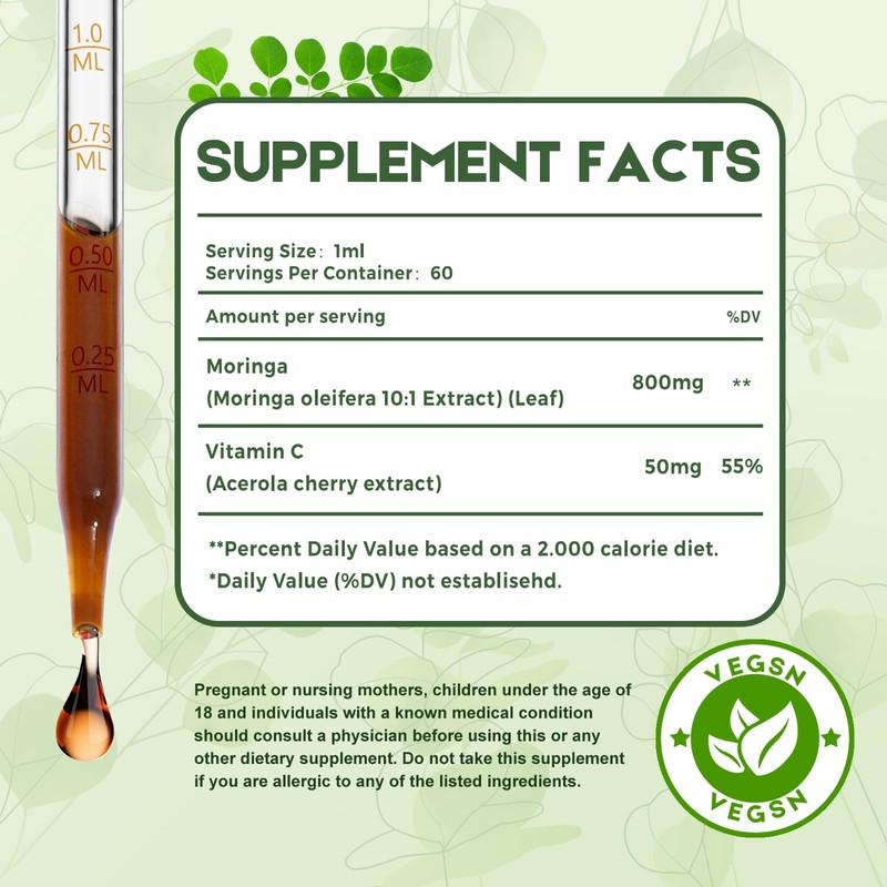 Moringa Leaf Drops with Vitamin C, Moringa Oleifera Extract Liquid