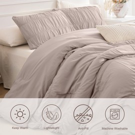 Masaca Oversized King Size Comforter 128x120,3 Pieces Vintage Taupe Ruched Bedding Comforter Set Lightweight Ultra Soft Shabby Boho Chic Bedding (1 Ruffle Comforter +2 Pillowcases)