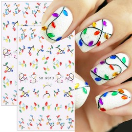 2 Sheets 5D Christmas Nail Stickers for Nail Art Self Adhesive Embossed Christmas Lights Nail Art Stickers Colorful Xmas Light Strip Nail Decals Nail Design Stickers for Women Girl Nail Decoration