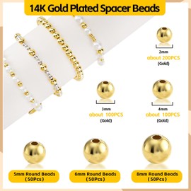 50Pcs 14K Gold Spacer Beads, 2/3/4/5/6/8mm Round Loose Beads for Jewelry Making, Small Smooth Beads Ball Beads Seamless Bead for DIY Bracelet Jewelry Necklace Bulk Making Supply (8mm Gold)