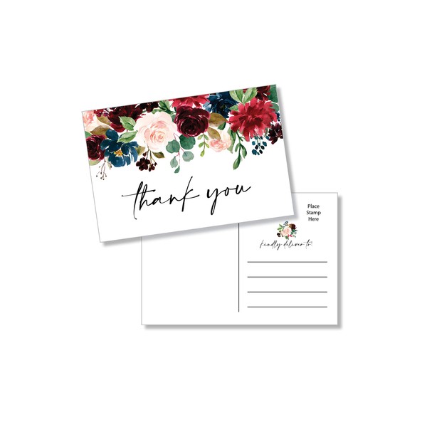 50 Thank You Postcards - Burgundy Floral (50-Cards) Stationery Set for Wedding, Bridesmaid, Bridal Baby Shower, Teachers, Appreciation, Religious, Business, Holidays