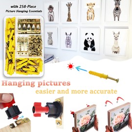 DIKOO Assorted Picture Hanging Kit - Picture Hole Marked Tool, 258 Pieces Hooks Assortment with Drywall Anchor, Screw, Sawtooth Hangers, Nails, Single Keyhole Hangers and for Frames Wall Mounting
