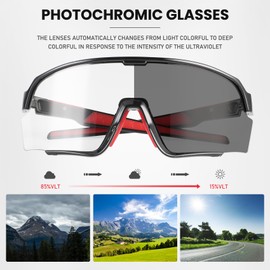 OULAIQI Photochromic Cycling Glasses Men Women Mountain Bike Sunglasses MTB Bicycle Riding Sports Sunglasses (BlackRed)