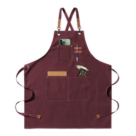 jiuzcare Kitchen Apron 68x76cm Mens Women Aprons for Cooking Cross Back Apron with 7 Pockets Adjustable Barbecue Apron Chef for BBQ Grilling Baking Gardening Barber, Red