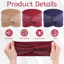 Rhinestone Wide Headbands for Women, 3 Pcs