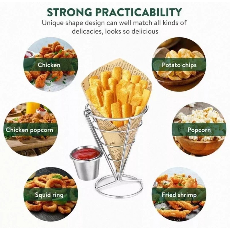 CL Cono Botanero Acero Inoxidable Con 2 Contenedores Salsa Reja