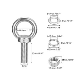 sourcing map Lifting Eye Bolt 1 Set M16 x 50 mm Eye Bolt with Nut Washer 304 Stainless Steel Shoulder Lifting Ring Eye Screw for Hanging Items