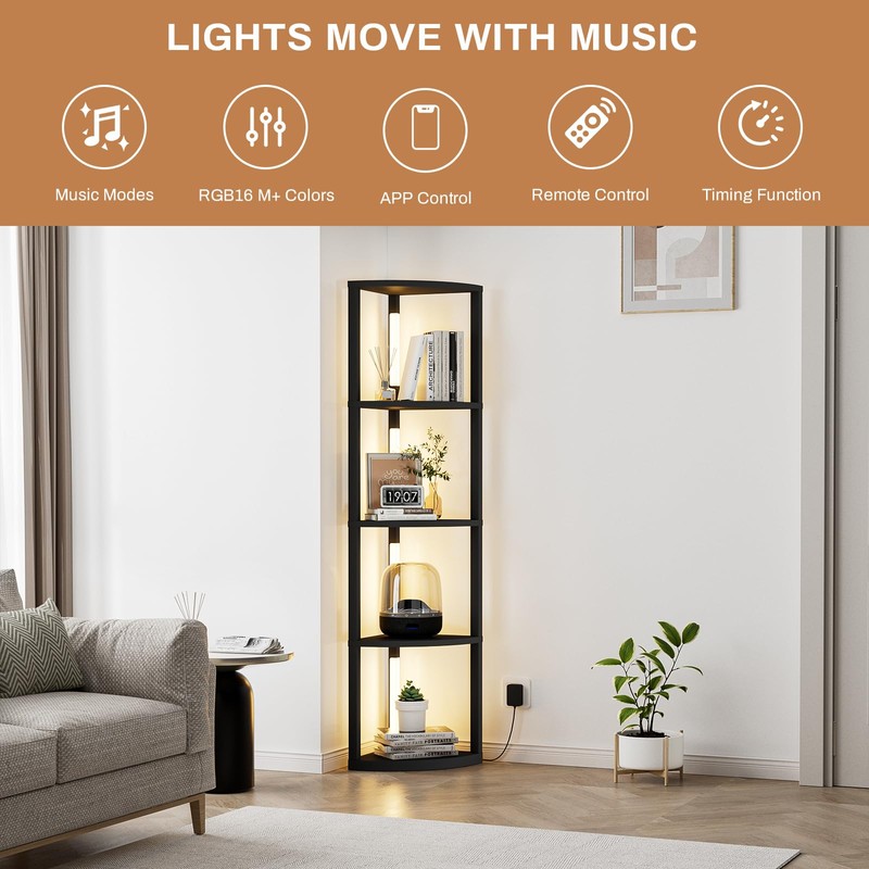 VILICK Corner Shelf with Light 5 Tier Tall Standing Shelf