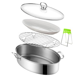 Stainless Steel Fish Steamer Set,Multi-Use Oval Steamer Pot with Glass Lid Rack, Ceramic Plate, Chuck, Steaming Pot for Fish, Oyster,Boiling Soup 15 x 9.8 inches