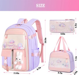 KBGPW 3pcs Girls Backpack With Lunch Box & Pencil Case,Cute Rabbit Kids School Backpack Set For Kindergarten & Elementary School (Style A Purple-16.5in)