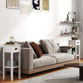 HOMCOM 2-Tier Side Table with Drawer, Narrow End Table with Bottom Shelf, for Living Room, Set of 2, White