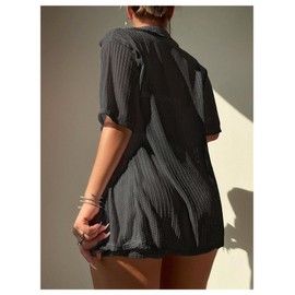 GORGLITTER Women's 2 Piece Beach Cover Up Set Half Sleeve Open Front Kimono Mini Shorts Set Swimwear Coverups Black Small