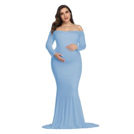 YnimioAOX Maternity Photoshoot Dress Long Sleeve Elegant Maxi Photography Dress Slim Stretchy Gowns,Baby Blue,X-Large