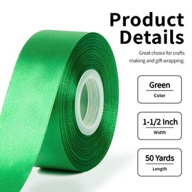Mauproy 1-1/2 Inch Wide Green Satin Ribbon, 50 Yards Solid Polyester Fabric Ribbon for Roses Making, Gift Wrapping, Christmas Parties, Wedding Decorations, Crafts, Bows